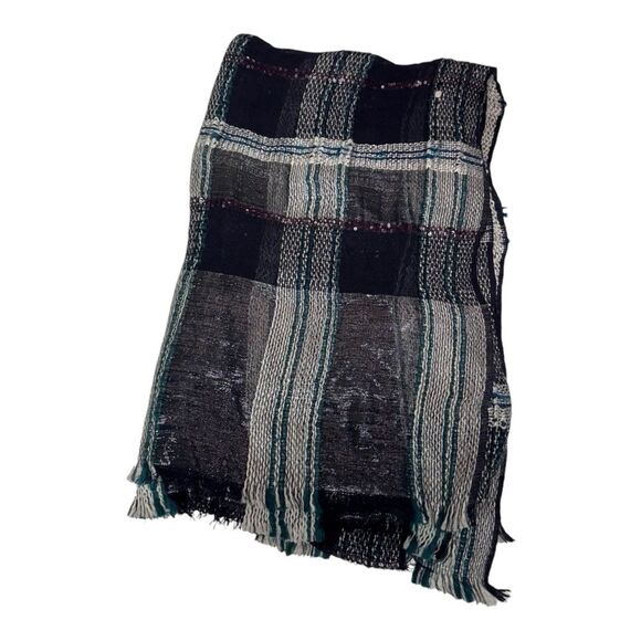 Ann Taylor Navy with Silver Metallic Thread Sequins Plaid  Preppy Wrap Scarf - Picture 1 of 4